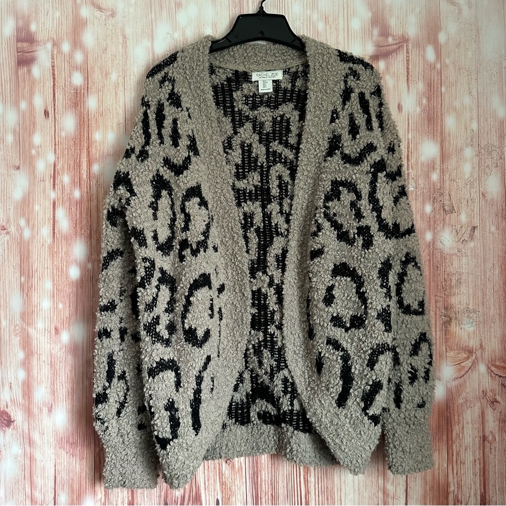 Rachel Zoe Tan Chunky Knit Black Leopard Print Boucle Open Cardigan Size S
